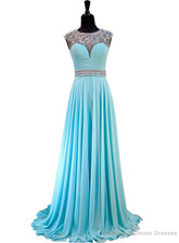 Light Blue Beaded Crystals Sheer Back African Chiffon Prom Dress